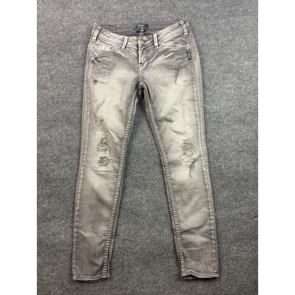 Silver Jeans Co Aiko Skinny Jeans Womens 27x31 Grey Distressed Mid Rise Denim